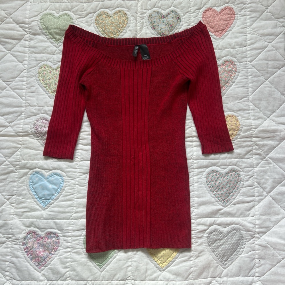 Bisou Bisou Red Off The Shoulder Y2K Knit Cozy Chic Glam Sweater Size Medium